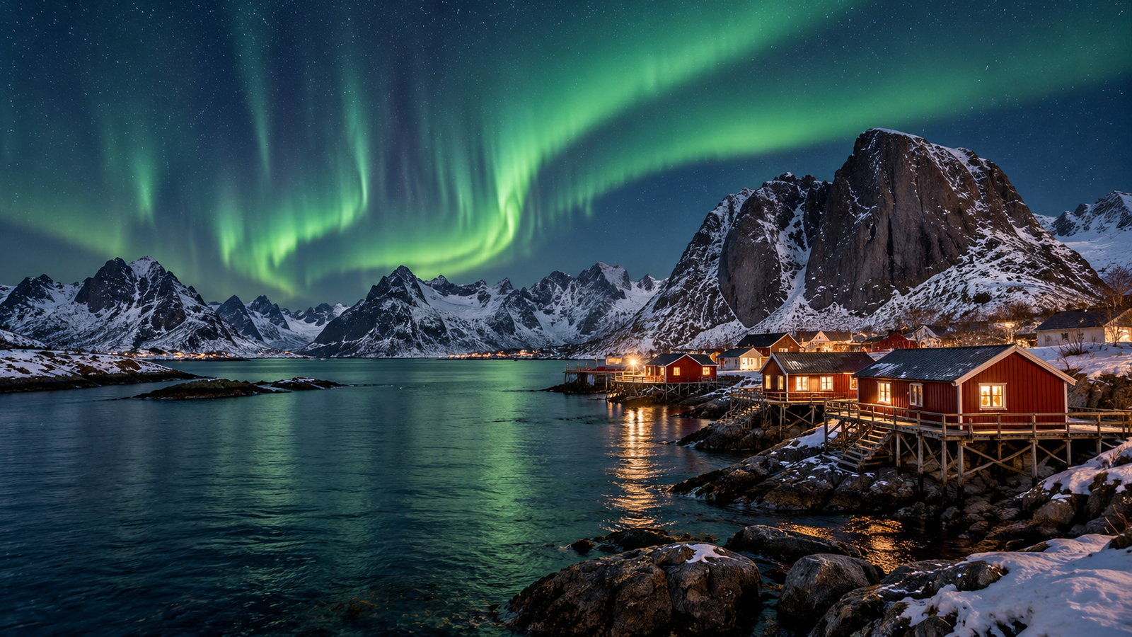 Green aurora above red fishing cabins and coastal mountains inspired by Lofoten