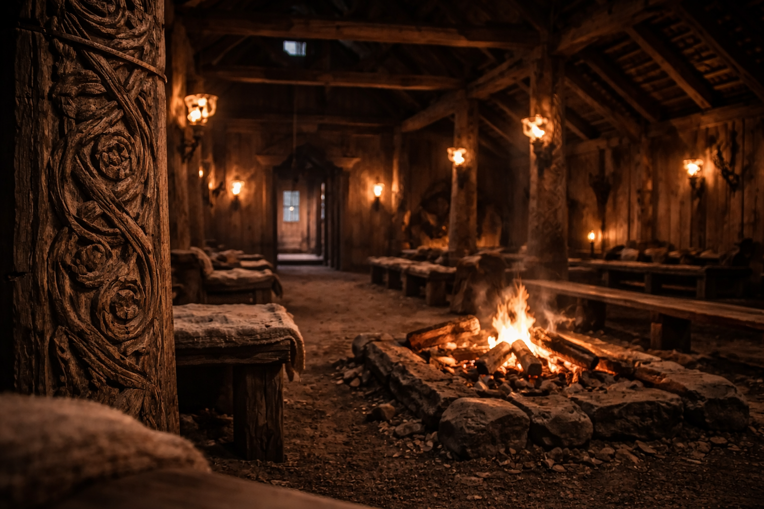 Interior of a reconstructed Viking longhouse with firelight and heavy timber beams.