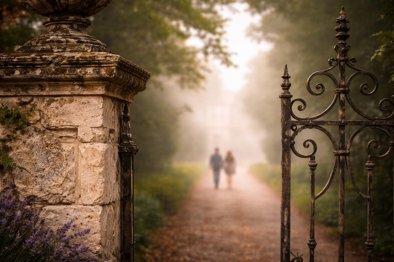 Château stone and ironwork in morning mist with soft silhouettes behind.