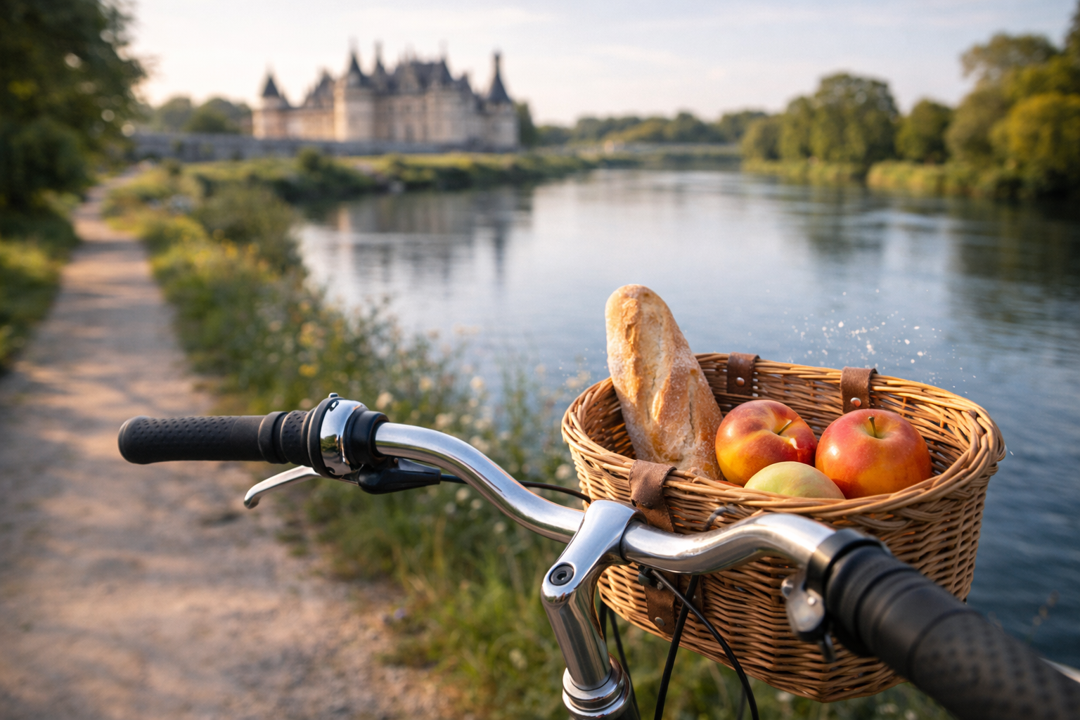 Bicycle basket with bread and fruit on a calm riverside cycling route.