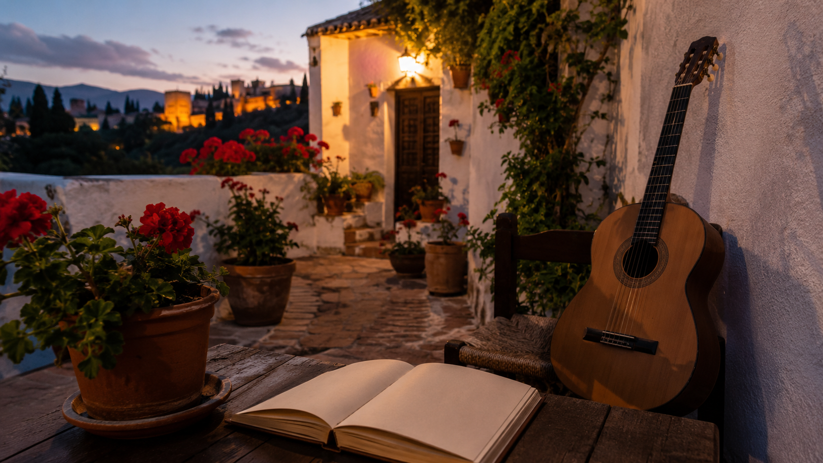Andalusian courtyard with guitar and poetry notebook evoking Lorca and Granada