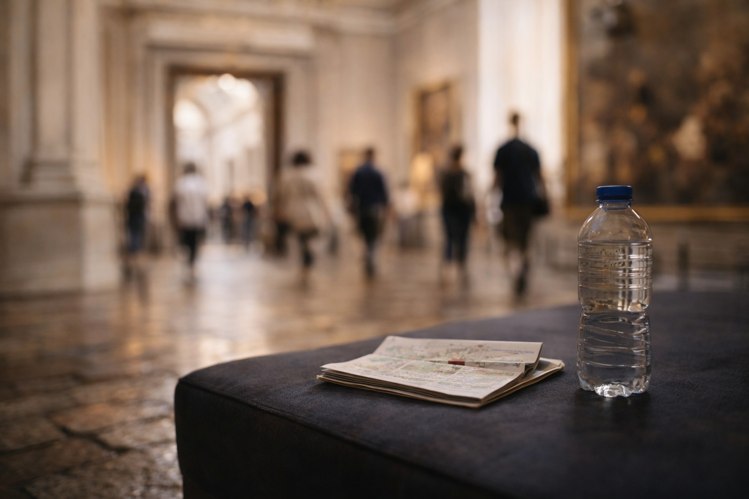 Museum bench setup suggesting a paced and manageable visit.