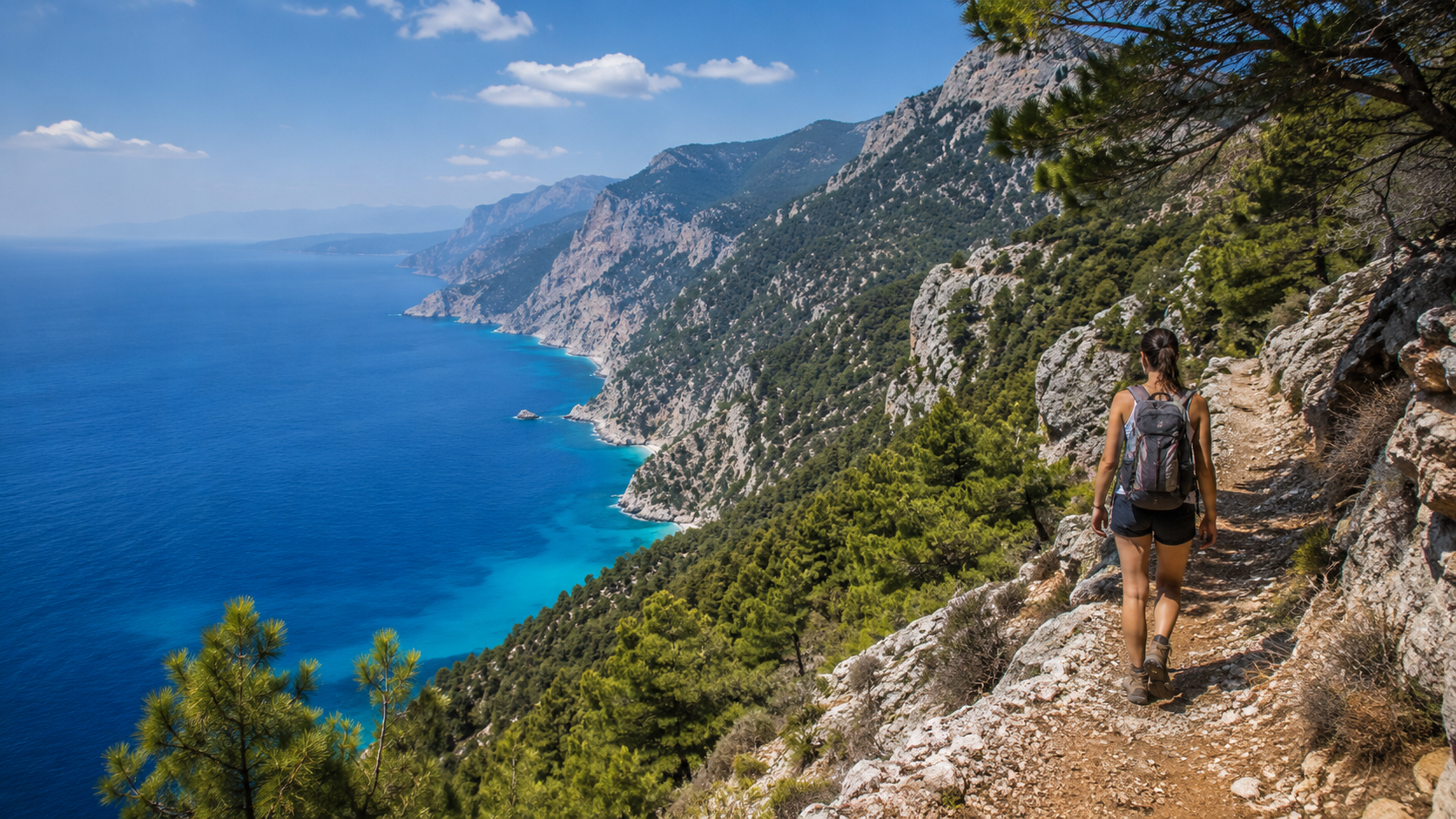 Hiker on the Lycian Way trail above the turquoise Mediterranean coast