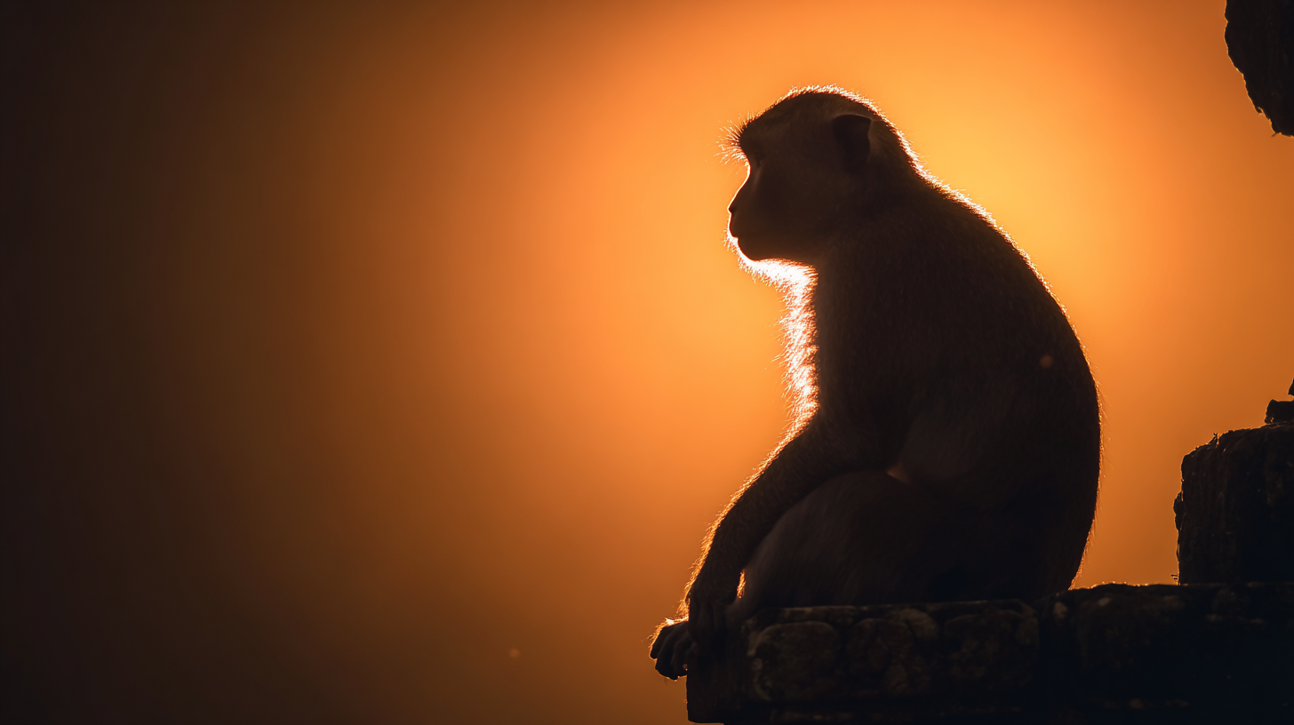 Close-up of macaque silhouette on ancient stones.