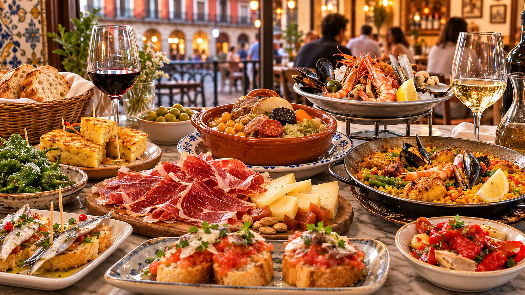 Madrid restaurant table with regional Spanish dishes from across the country.