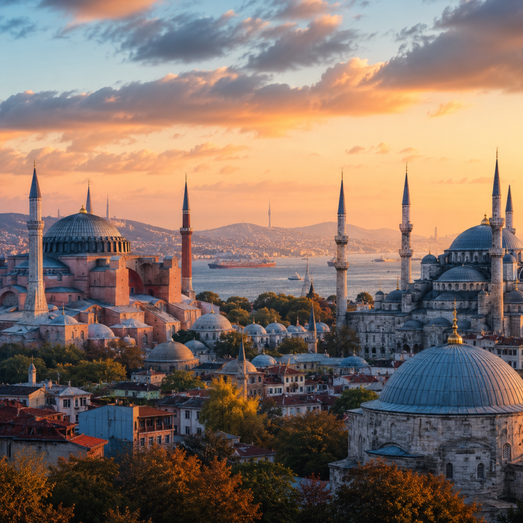 Panoramic view of Istanbul with Hagia Sophia and the Blue Mosque in the historic skyline