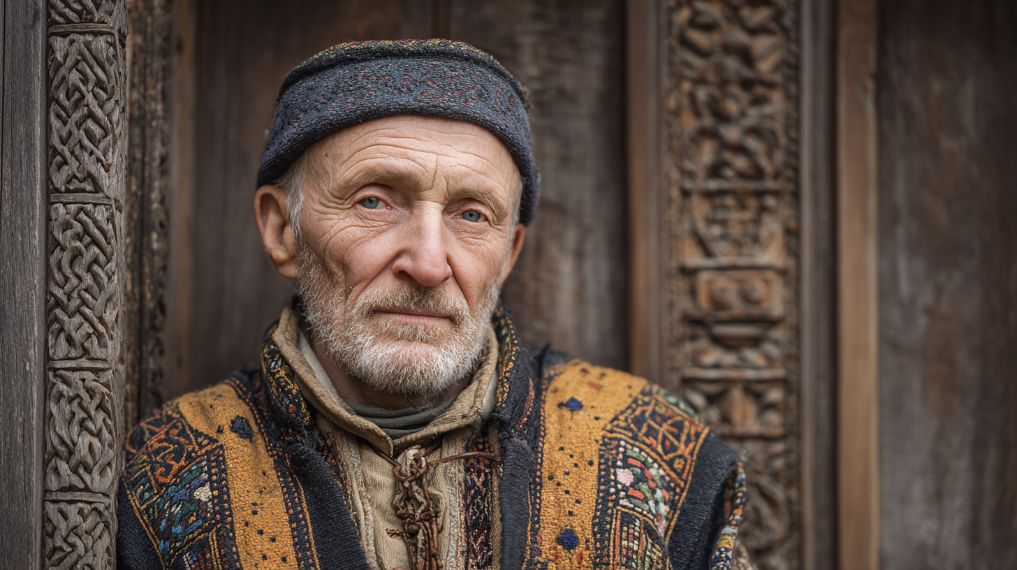 Traditional Romanian Villages: Older local person standing by a carved wooden gate in a Maramures village.