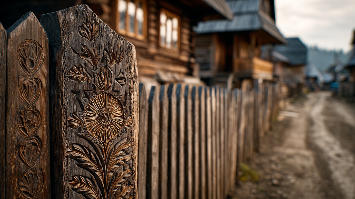 Traditional wooden house and carved gate in Maramures with folk motifs.
