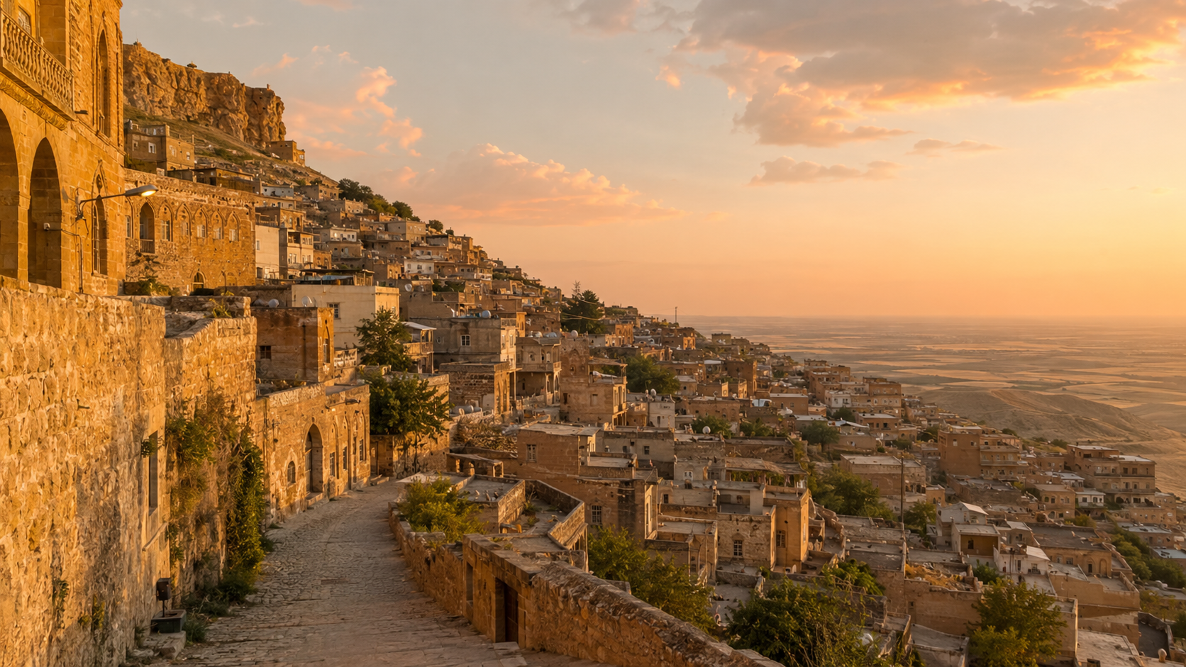 Mardin stone houses on a hillside overlooking the Mesopotamian plains