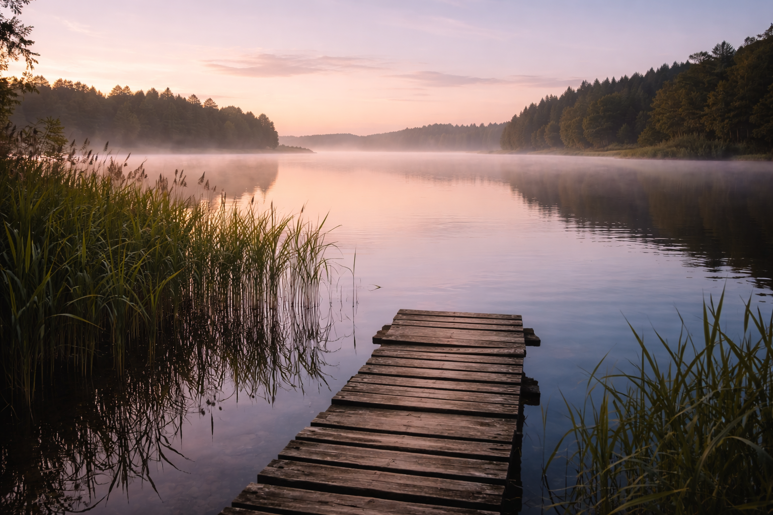 Wide dawn view of a calm Masurian lake with reeds and light mist.
