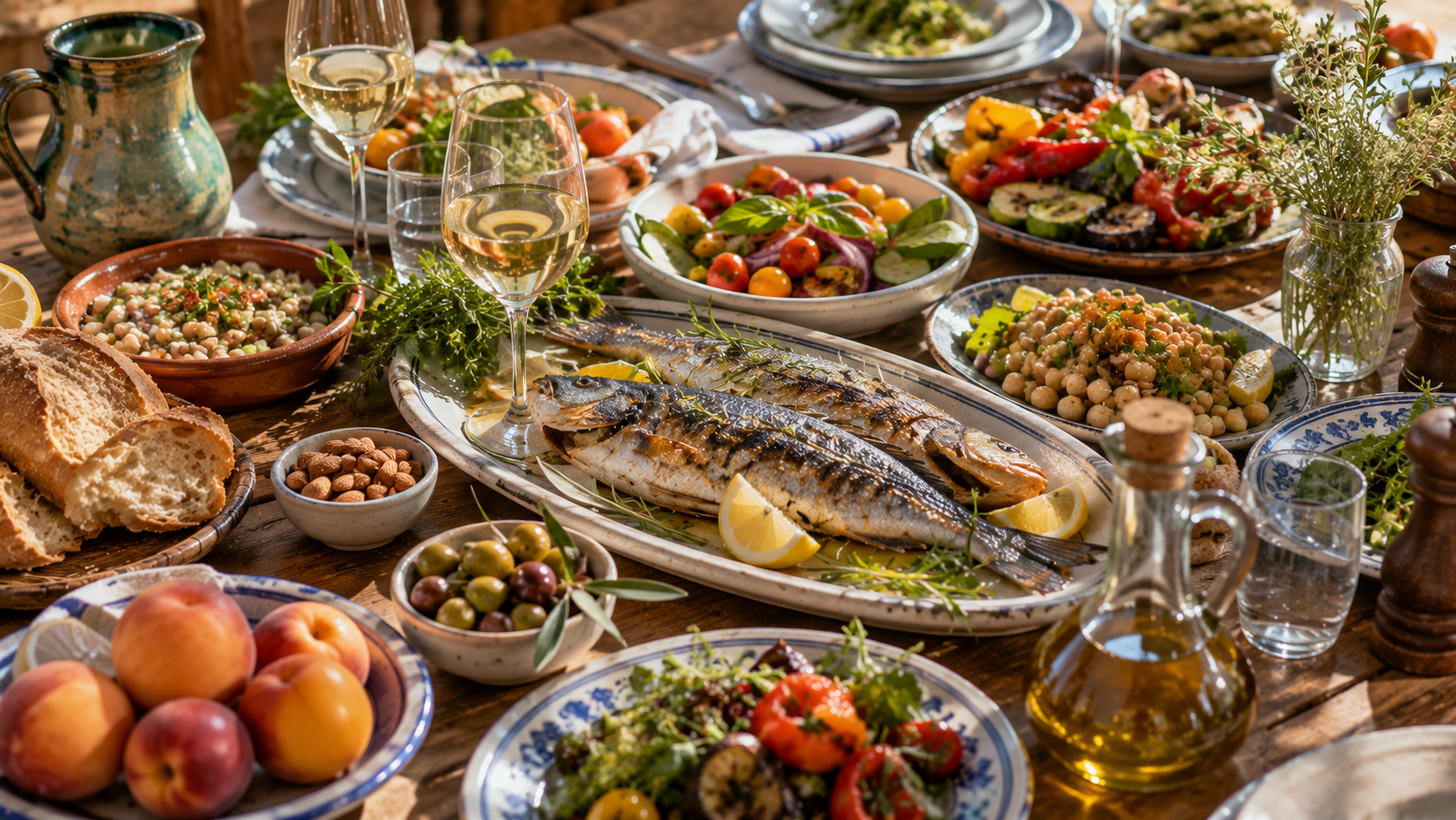 Mediterranean Spanish table with fish, vegetables, olive oil, bread, legumes, fruit, and herbs.