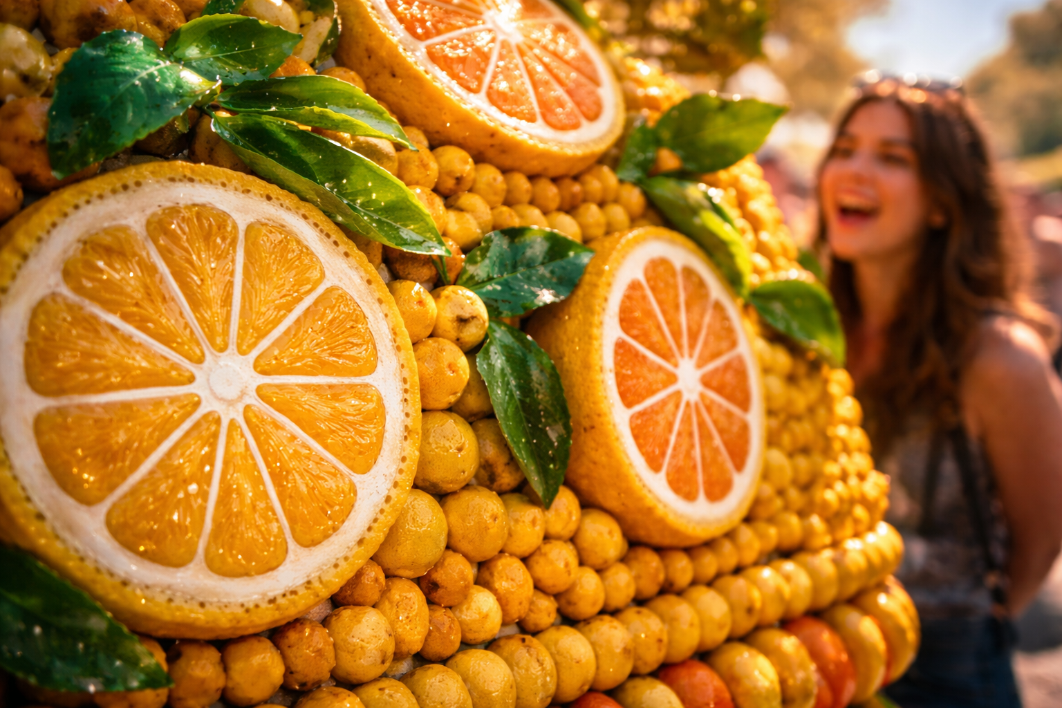 Festivals in France: Close-up of citrus float textures in bright daylight at Menton.