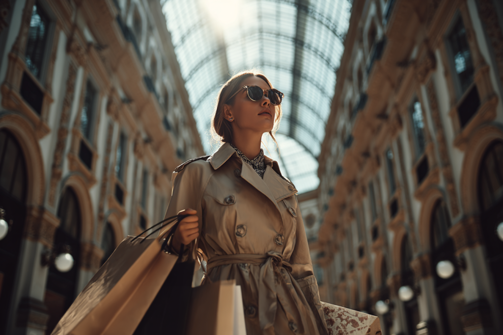 A stylish woman shopping in Galleria Vittorio Emanuele II, the center of luxury shopping in Milan.