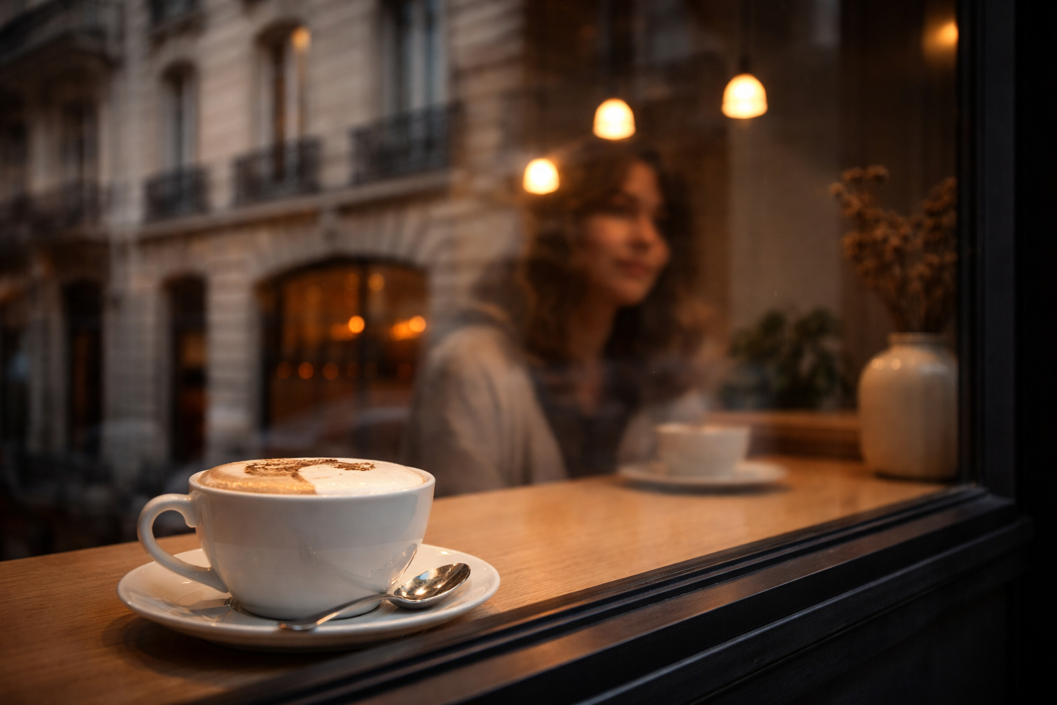 Classic architecture reflected in a modern café window.
