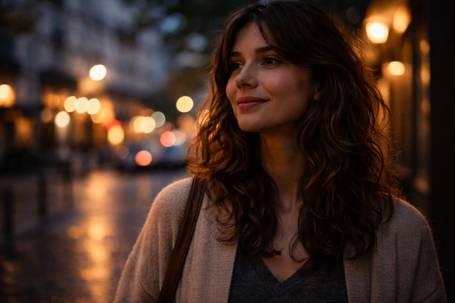 Contemporary France travel guide: Soft close-up of a relaxed face on an evening neighborhood walk in France.