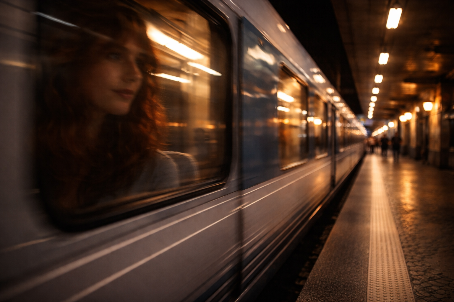Сontemporary France travel guide: Late train platform with a soft face reflection in the window.