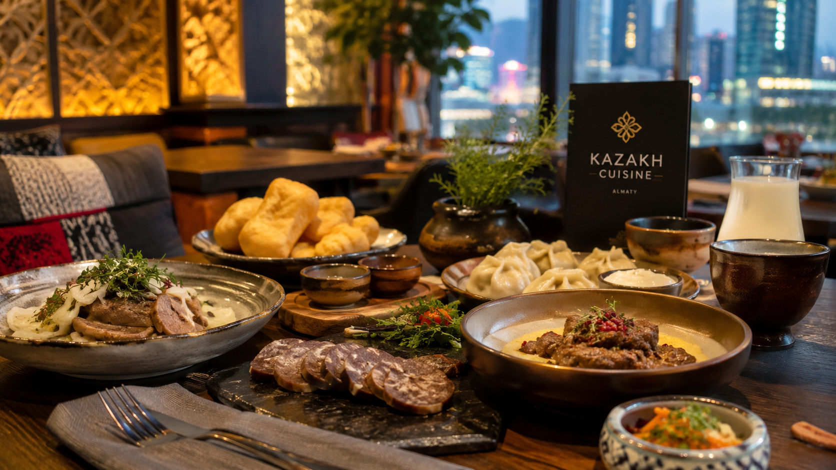 Contemporary Kazakh restaurant with refined traditional dishes and warm elegant lighting.