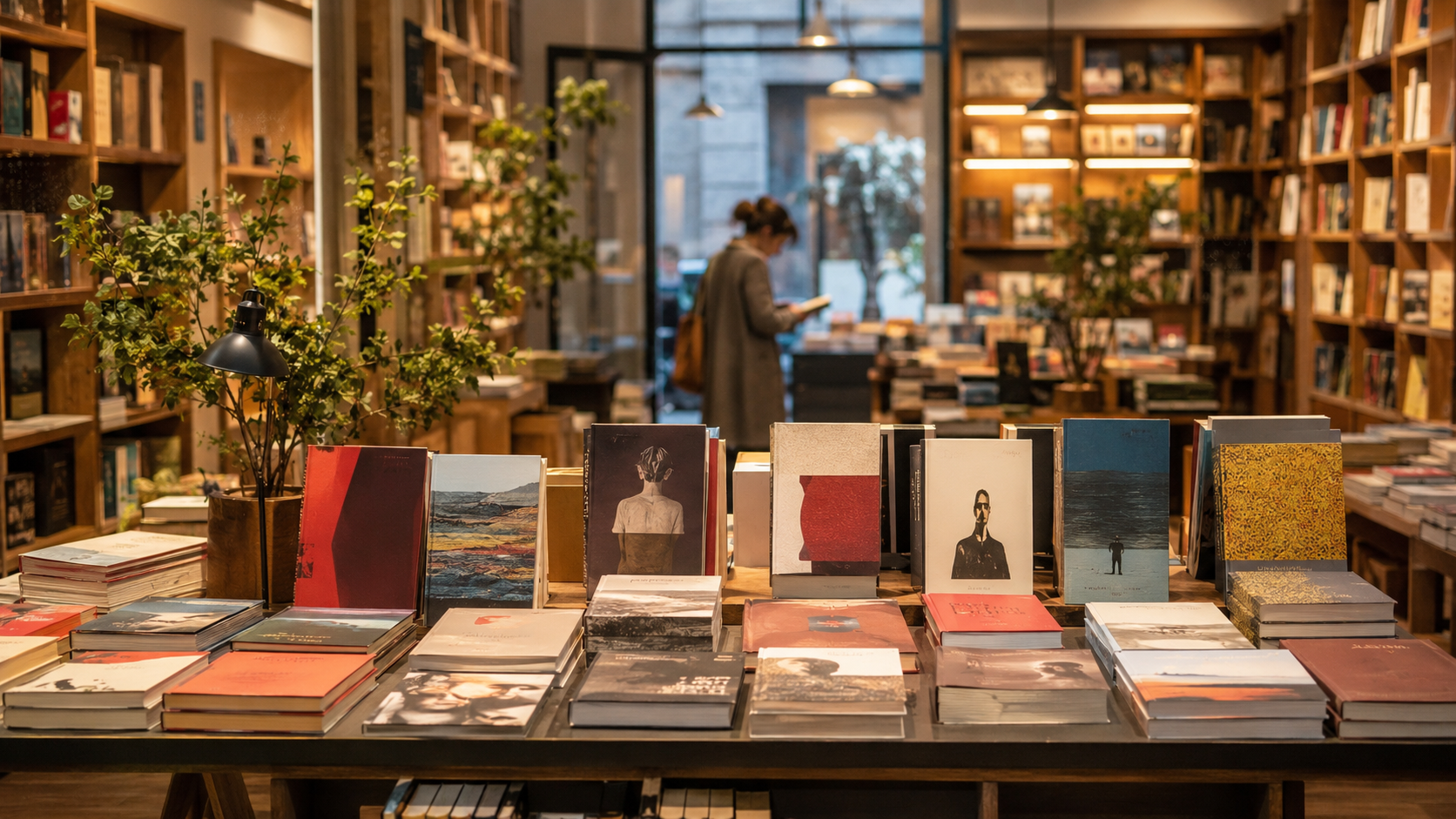 Contemporary Spanish bookshop with modern literature and a reader browsing