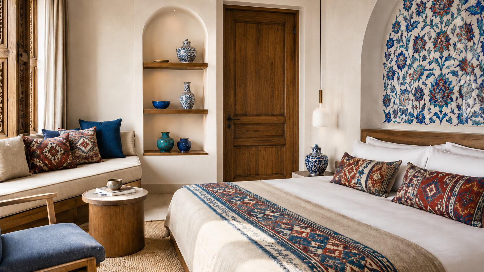 Turkish crafts and arts: Modern Turkish interior combining Iznik tiles, kilim textiles, ceramics, and minimalist design