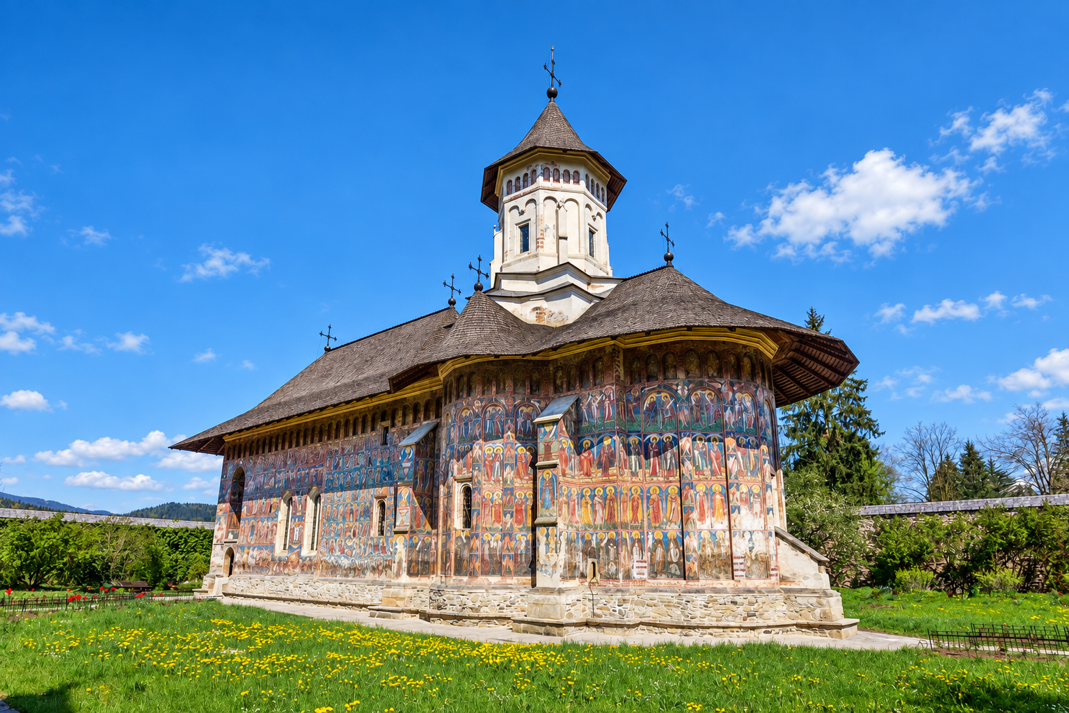 Painted exterior of the church at Moldovița Monastery in Vatra Moldoviței