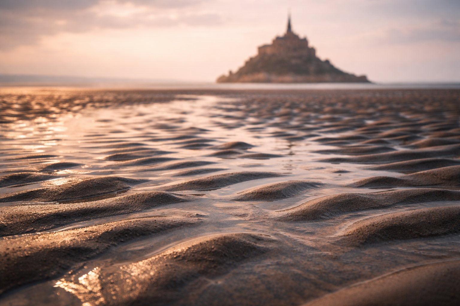 Tidal ripples and shallow water lead toward Mont Saint-Michel in the distance.