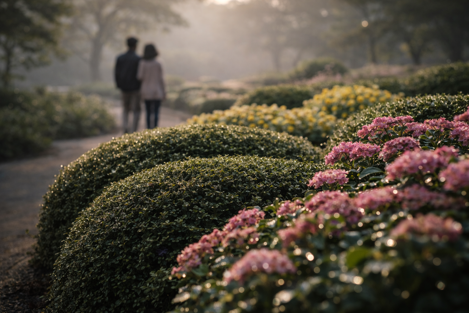 Dewy flowers and trimmed greenery in a calm Korean garden.
