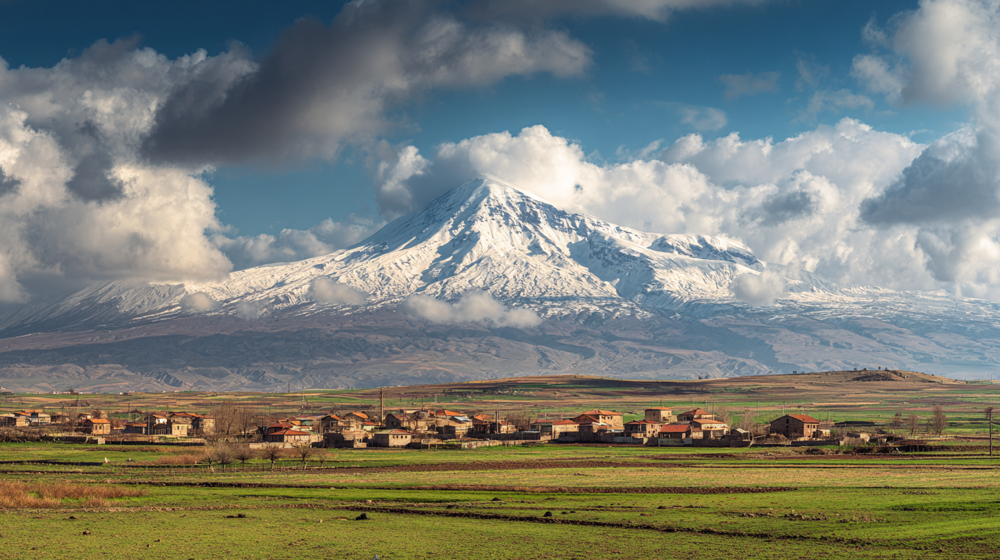Snow-capped Mount Ararat rising above rural eastern Turkey