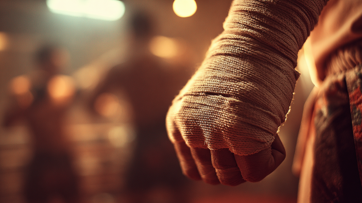 Close-up of wrapped Muay Thai hands glowing under warm gym light.