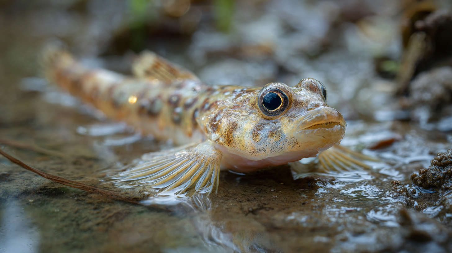 Close-up of a mudskipper on mangrove mud.