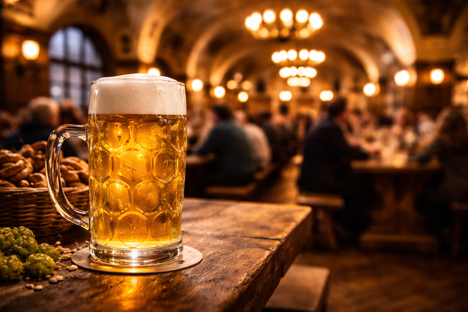 Classic Munich beer hall atmosphere with pale lager and wooden benches.