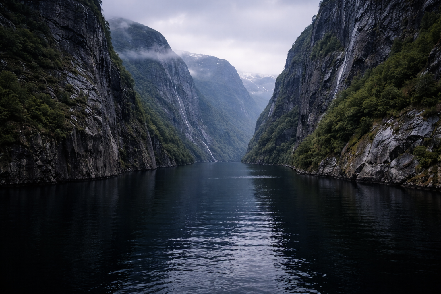 Norway fjords guide: Narrow Nærøyfjord corridor with still water and towering cliffs.