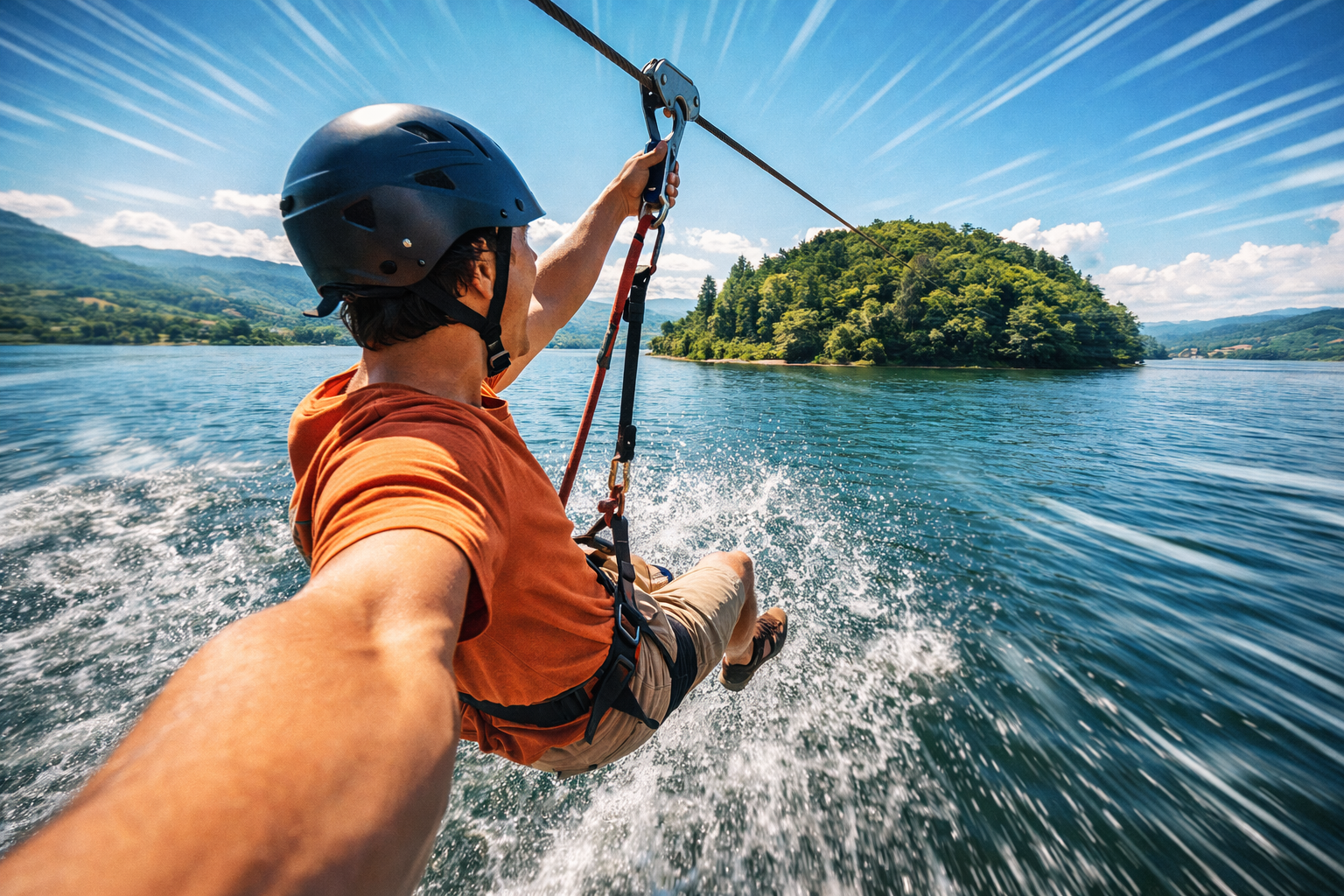 A person ziplining over the river towards Nami Island on a sunny day.