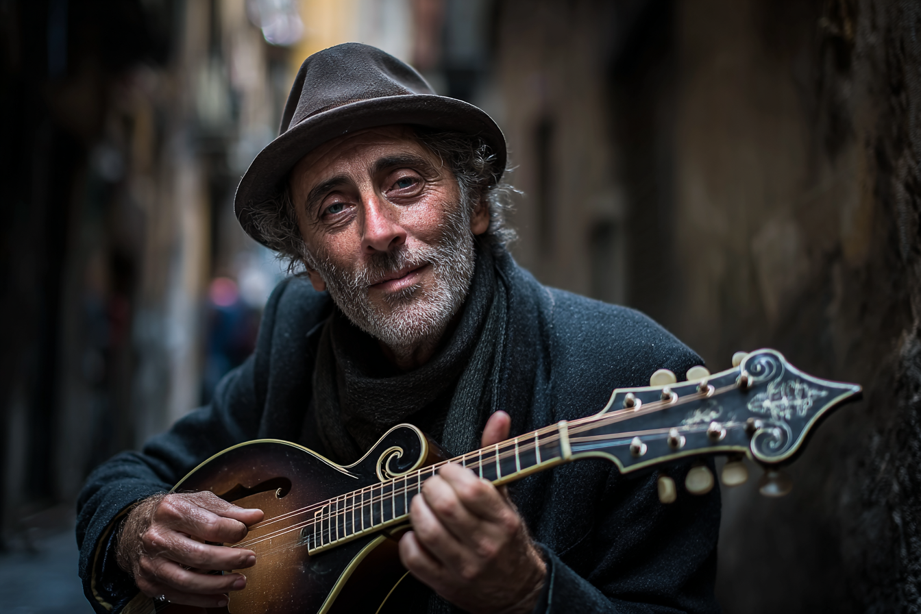 A street musician playing traditional folk music in the vibrant streets of Naples, Italy.