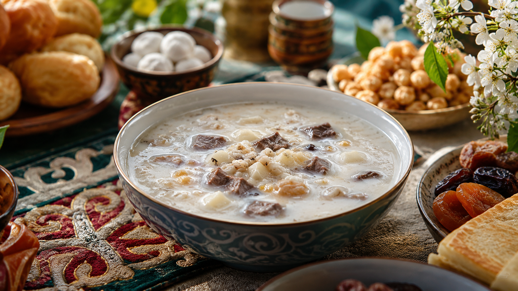 Bowl of Nauryz Kozhe on a Kazakh holiday table symbolizing renewal.