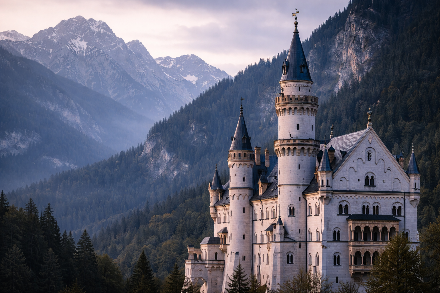 Neuschwanstein Castle towers in cool alpine light with forested mountains behind.