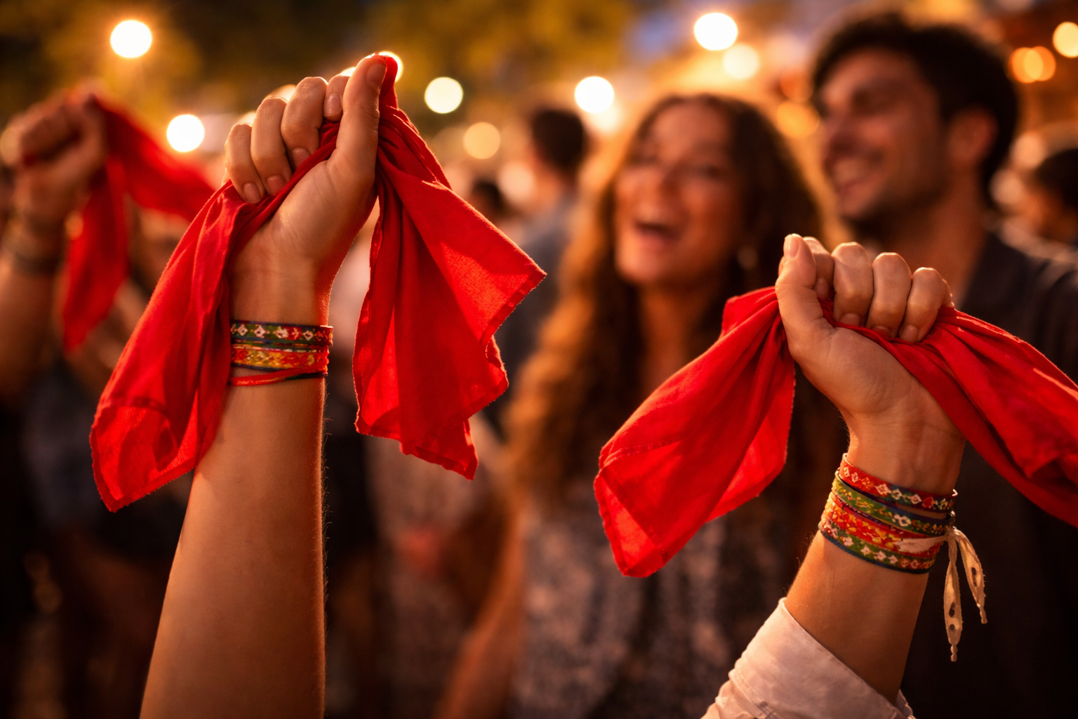 Festivals in France: Close-up of red scarves and wristbands in a lively festival crowd.