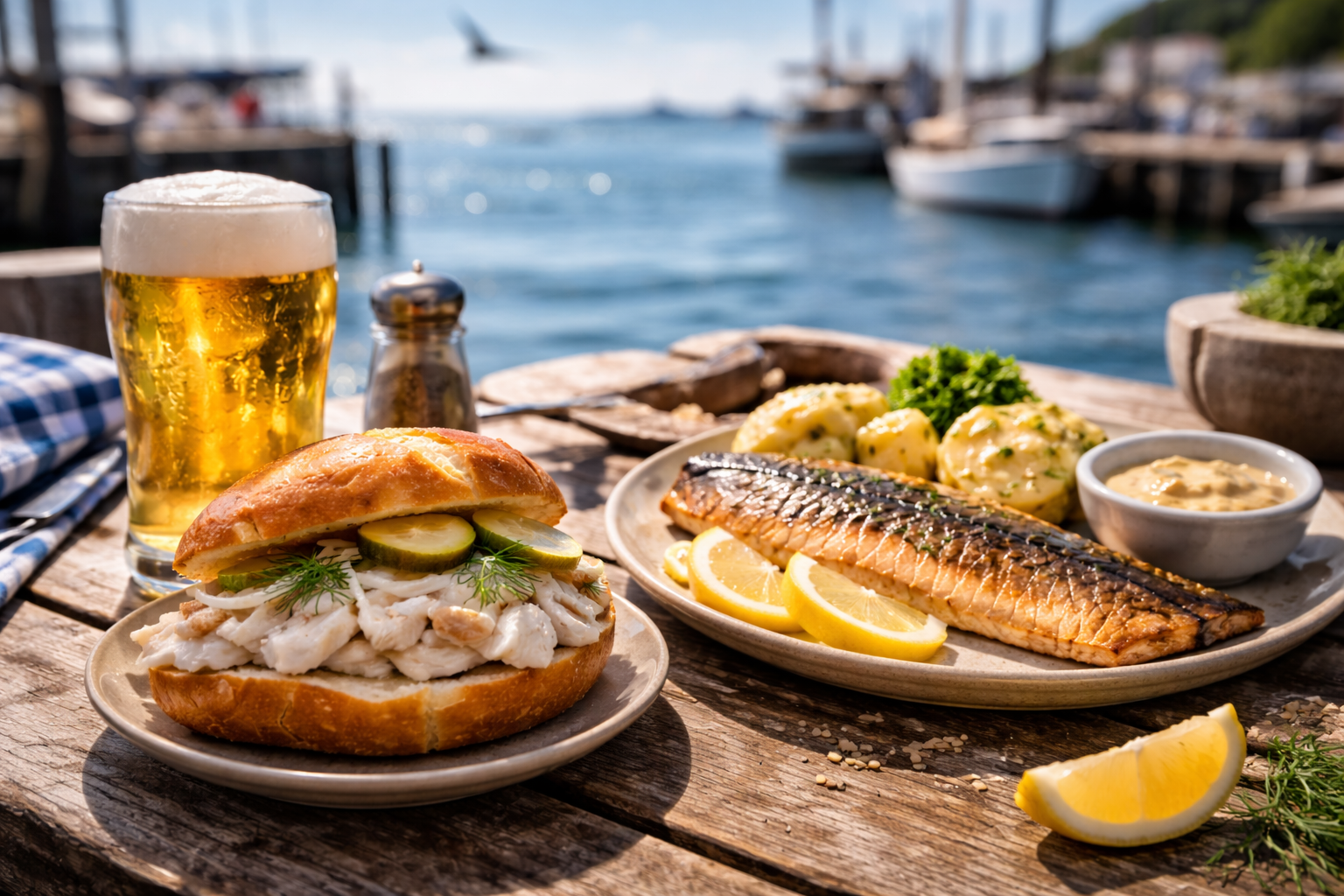 Fischbrötchen and smoked fish on a harbor-side table in northern Germany.