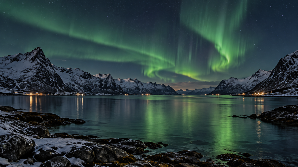 Northern lights in Norway above a snow-covered fjord and coastal mountains