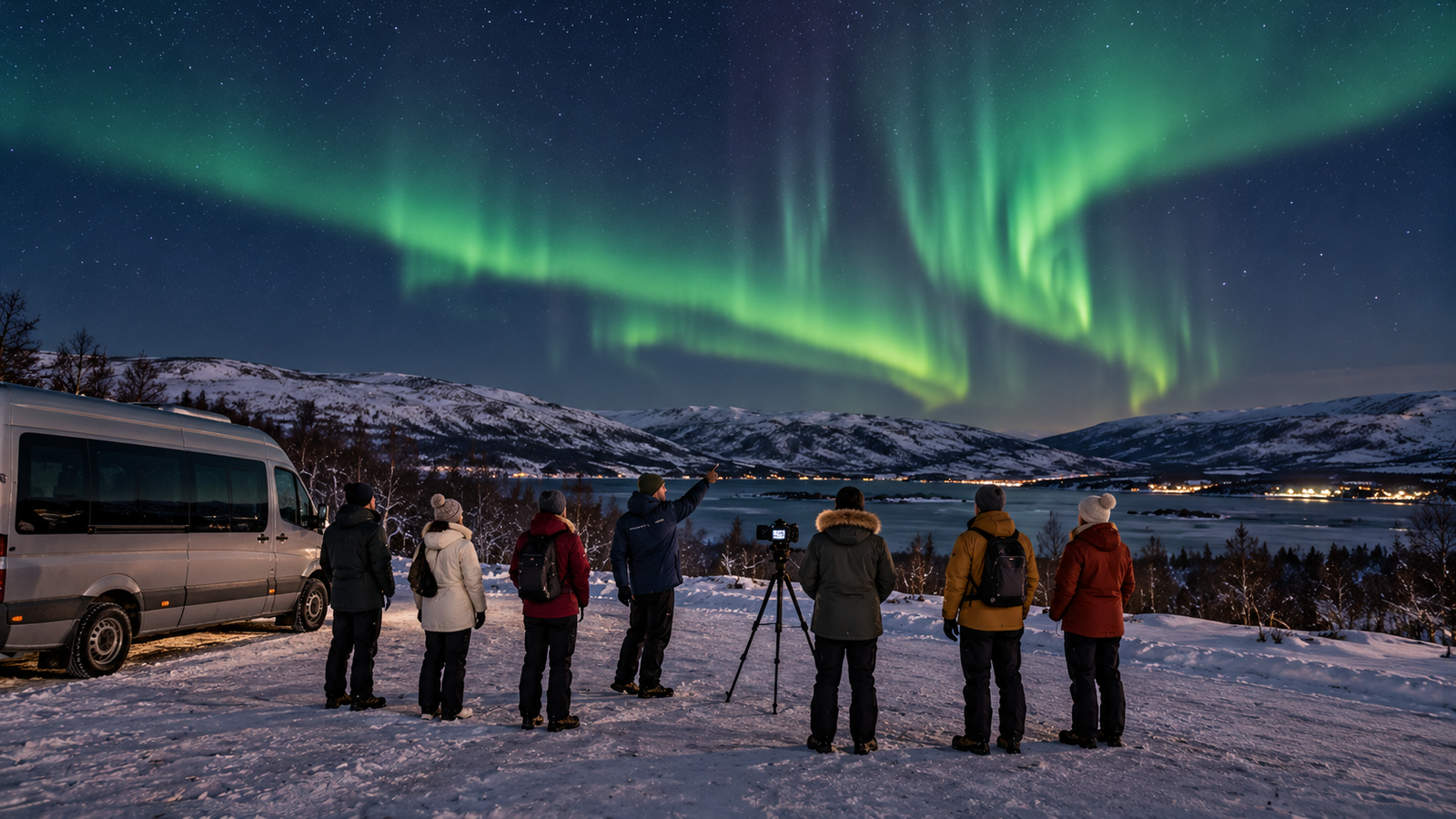 Small guided group watching the northern lights beside a parked minibus