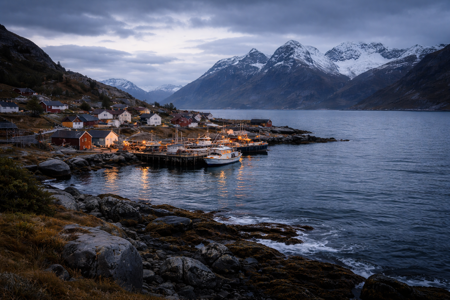 Northern Norwegian coast with small settlement and harbor suggesting a lived cultural landscape.