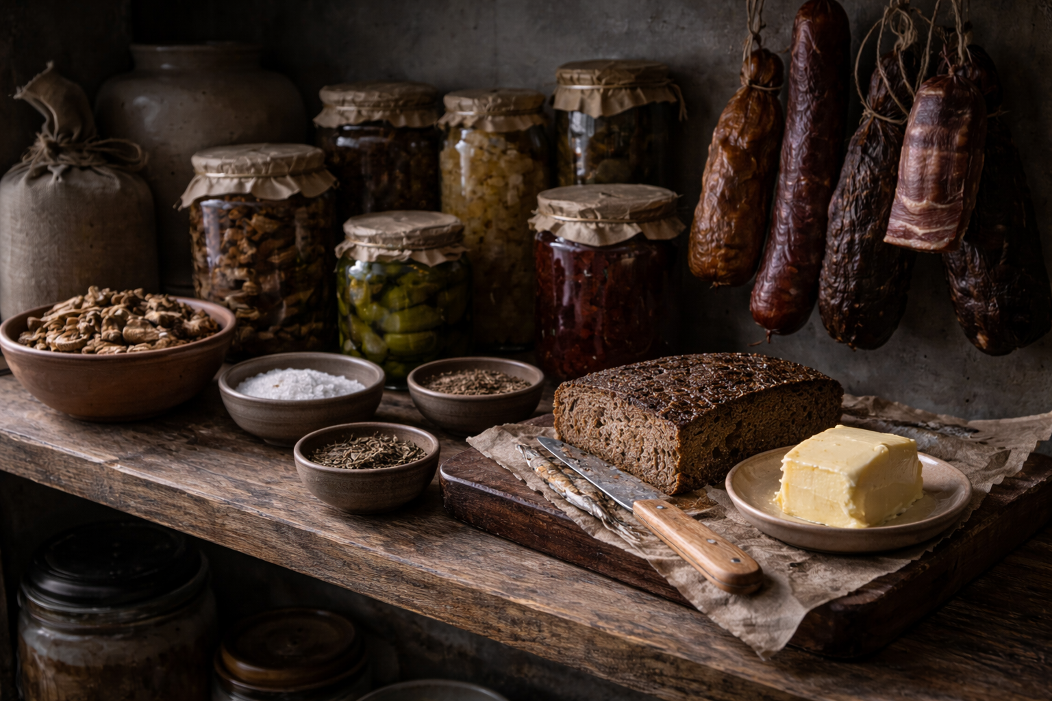 Preserved foods and pantry elements showing how Norwegian climate shaped the table.
