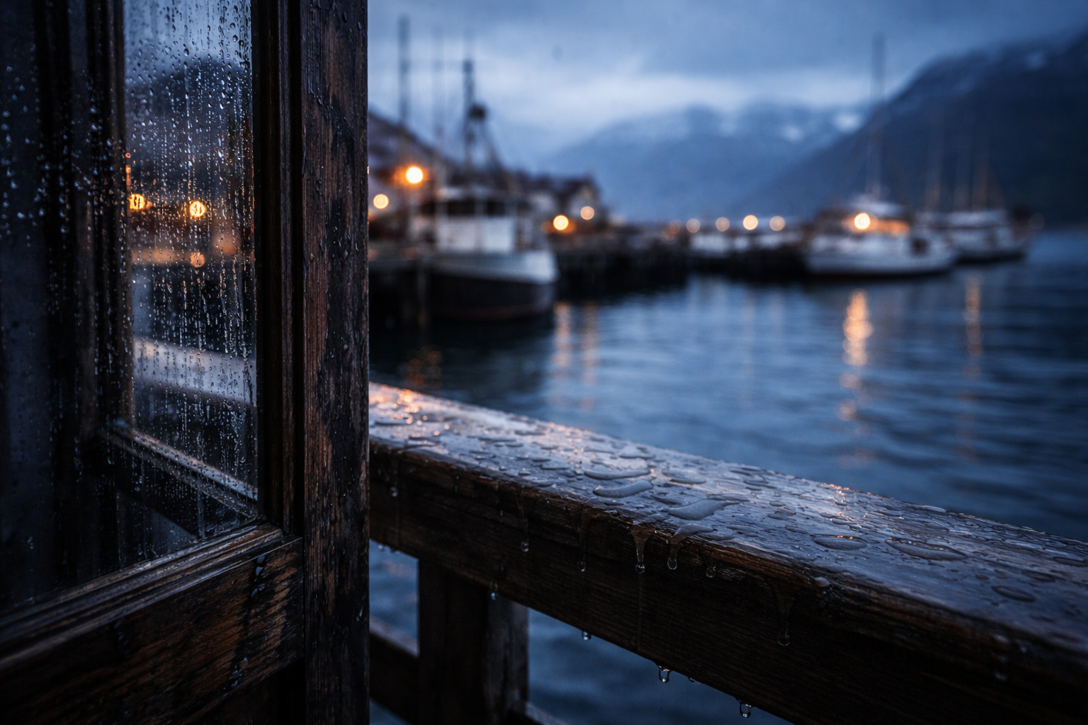 Rain and wet harbor detail showing the emotional tone of coastal Norway.