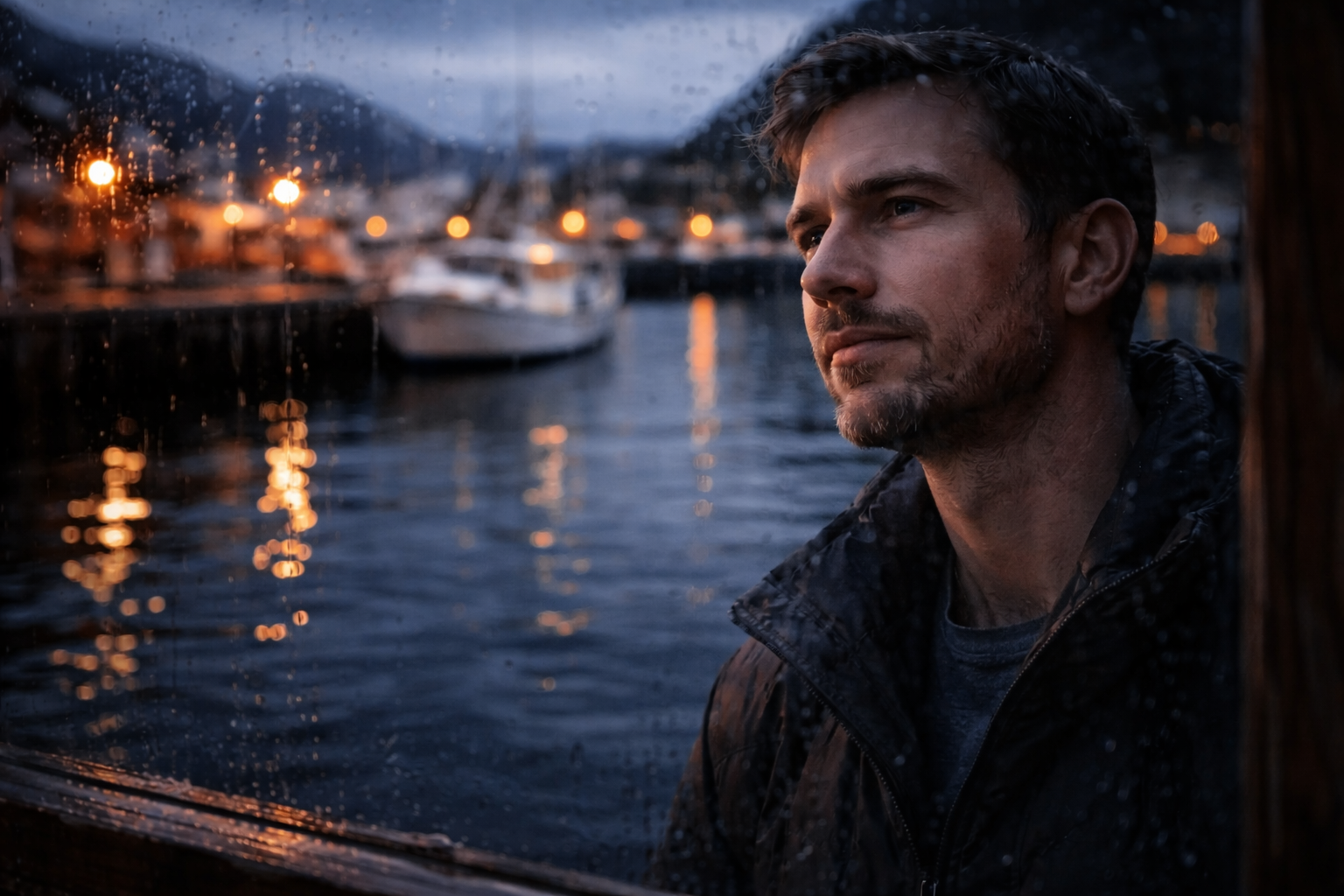 Norwegian coastal towns: Reflective traveler at dusk after a slower journey through Norwegian coastal towns.