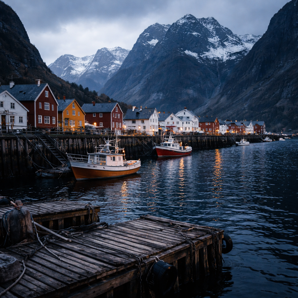 Norwegian harbor settlement with boats, docks, colorful houses, and steep fjord walls in cold light.