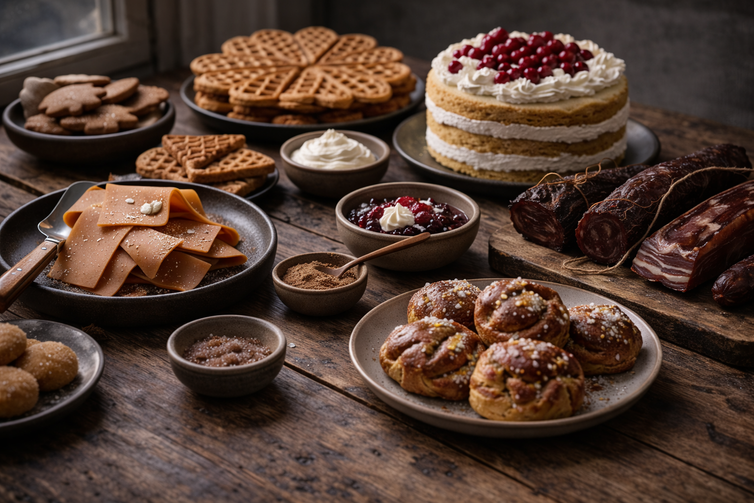 A table of Norwegian delicacies including brunost, waffles, cured meat, and berry desserts.