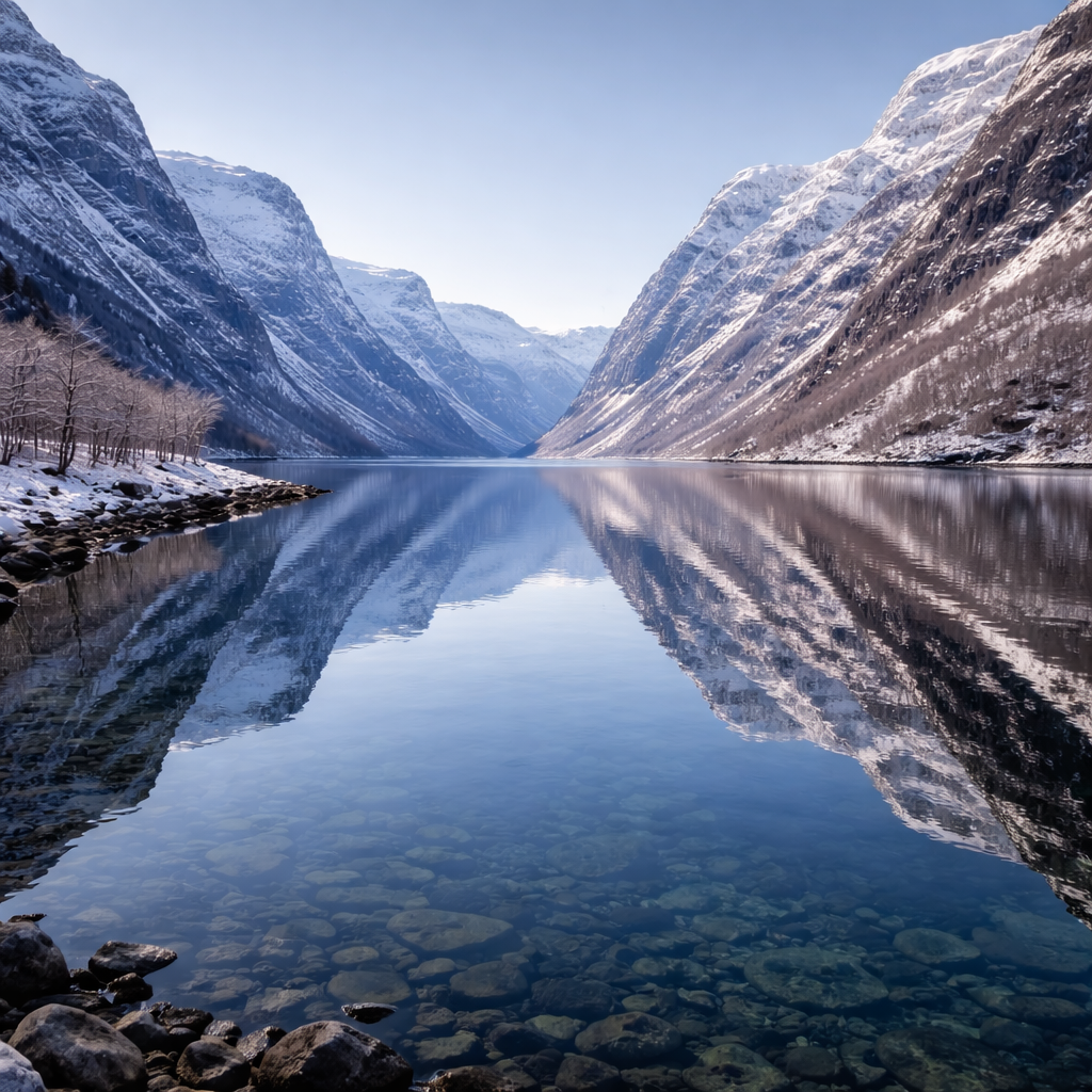 Calm Norwegian fjord with snow-covered mountains reflected in crystal-clear winter water.