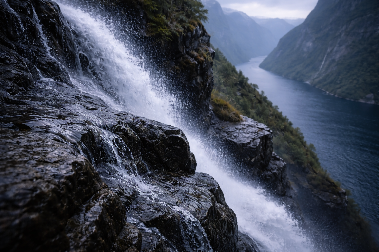 Rain-dark rock and rushing waterfall above a blurred Norwegian fjord.