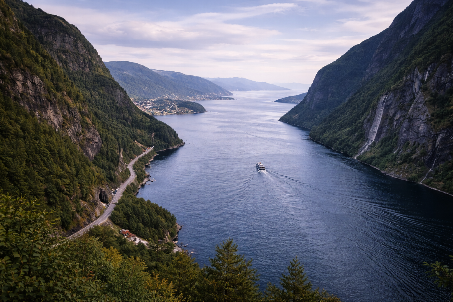 Fjord landscape opening outward toward a broader coastal journey in Norway.
