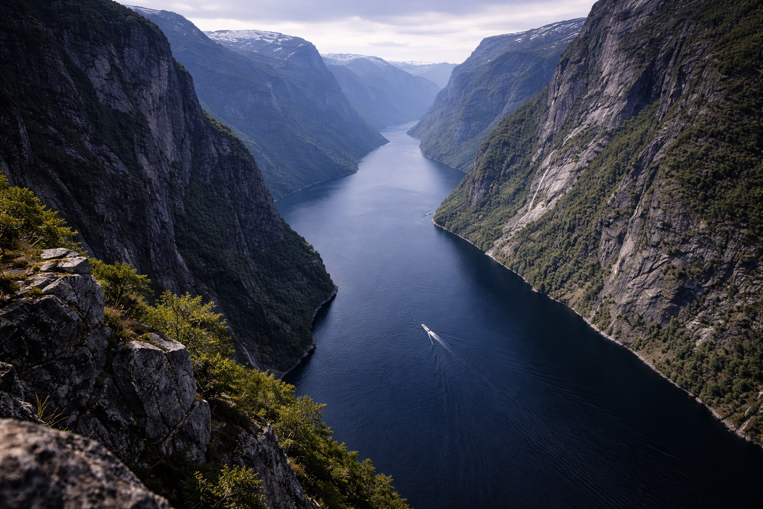 High view into a deep Norwegian fjord with tiny boat and immense cliff scale.