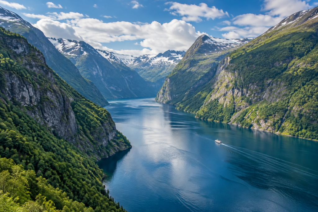 Norway fjords landscape with steep mountains and waterfalls at Geirangerfjord